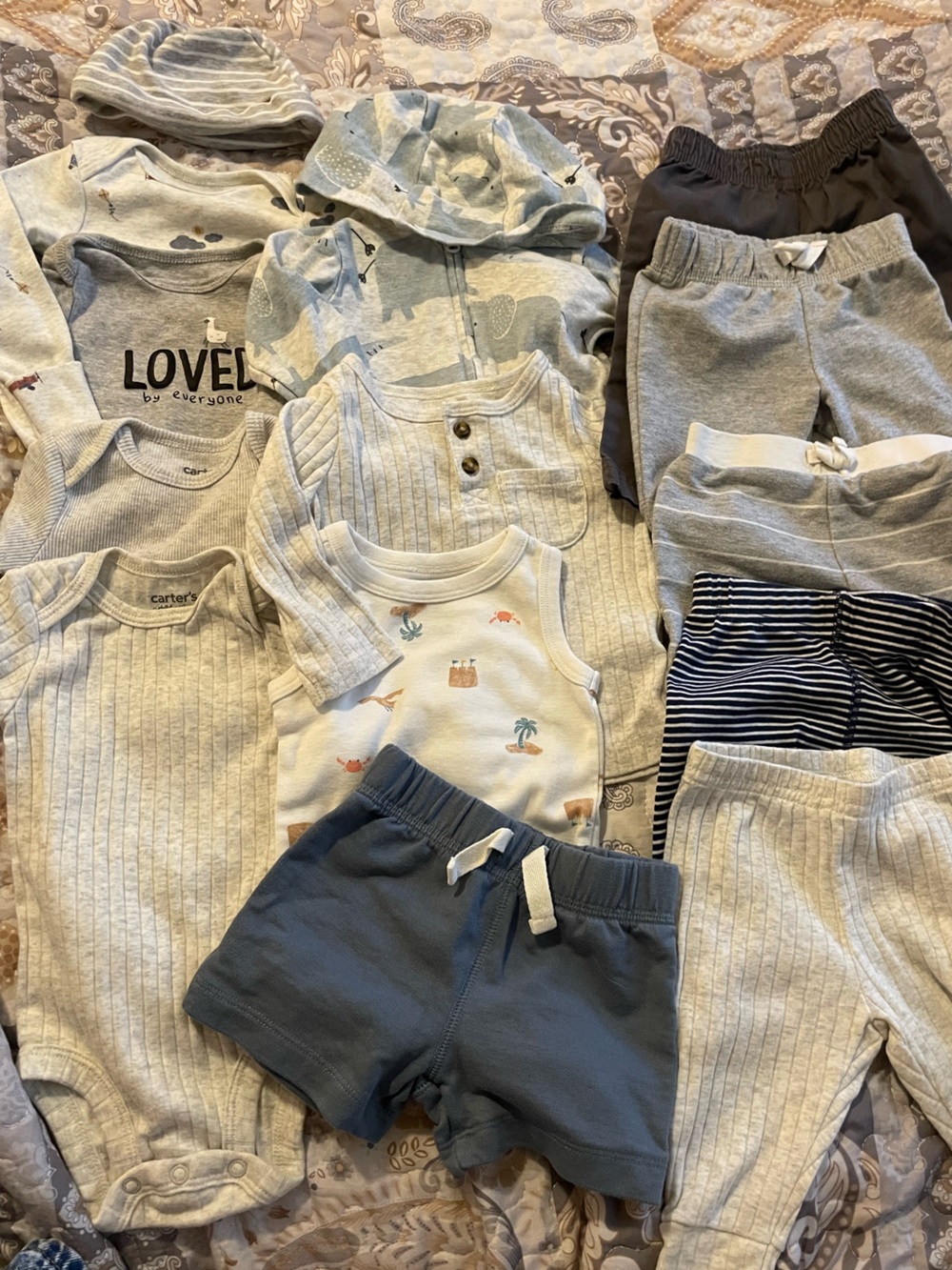 6 outfits 14pcs Neutral Baby Essentials Set - Gray & Navy Beach Airplane Ribbed